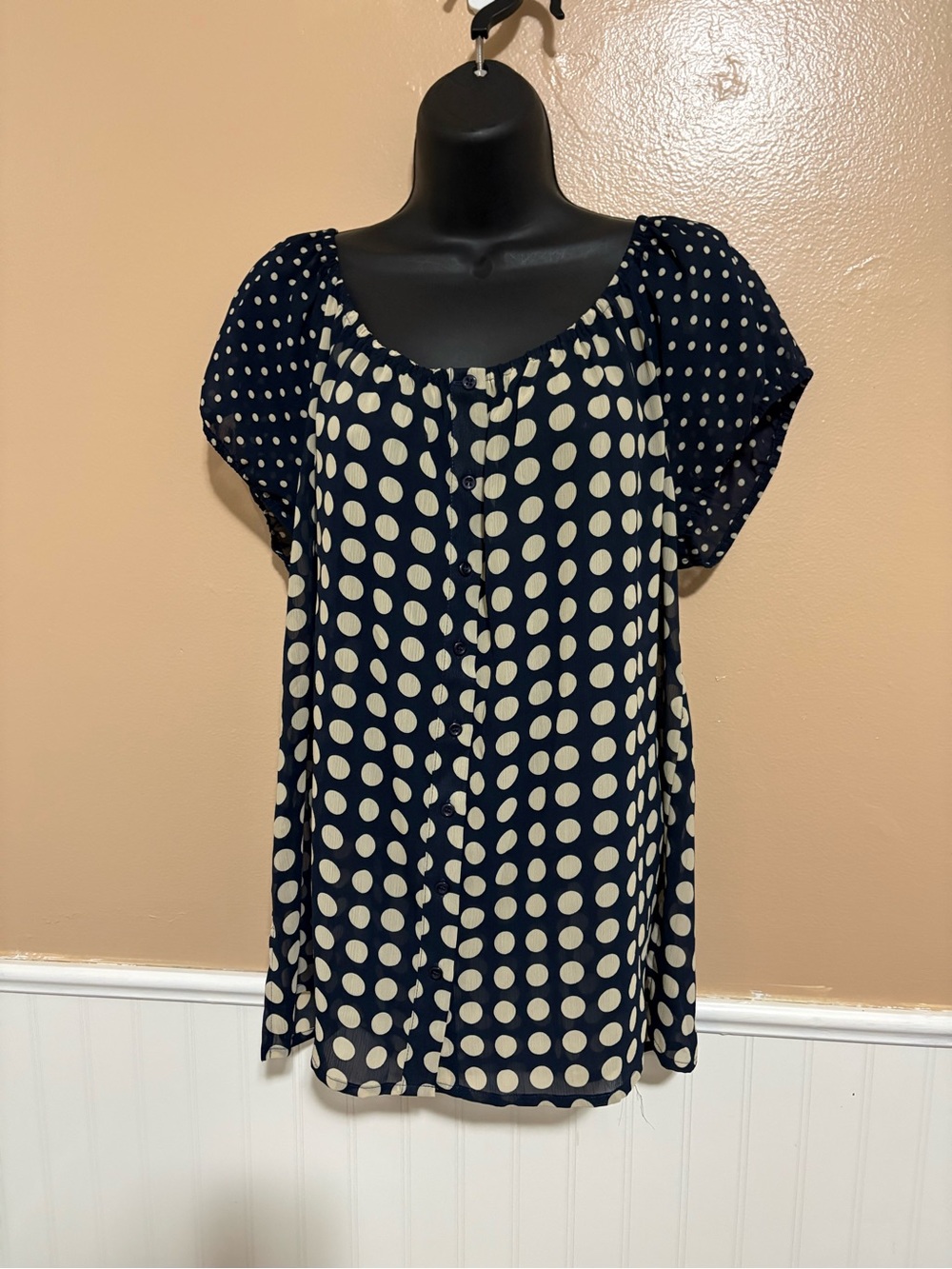 Emma James Size 16 Navy Tan Sheer Polka Dot Blouse Preowned